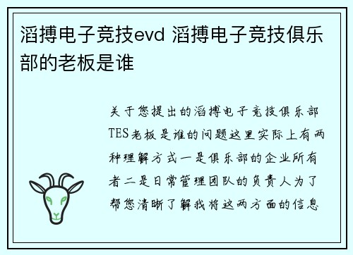 滔搏电子竞技evd 滔搏电子竞技俱乐部的老板是谁